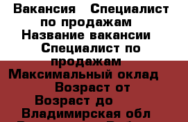 Вакансия : Специалист по продажам › Название вакансии ­ Специалист по продажам › Максимальный оклад ­ 25 999 › Возраст от ­ 18 › Возраст до ­ 80 - Владимирская обл., Владимир г. Работа » Вакансии   